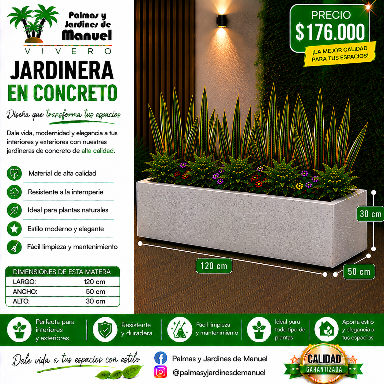 Jardinera en Concreto 120x50x30 cm