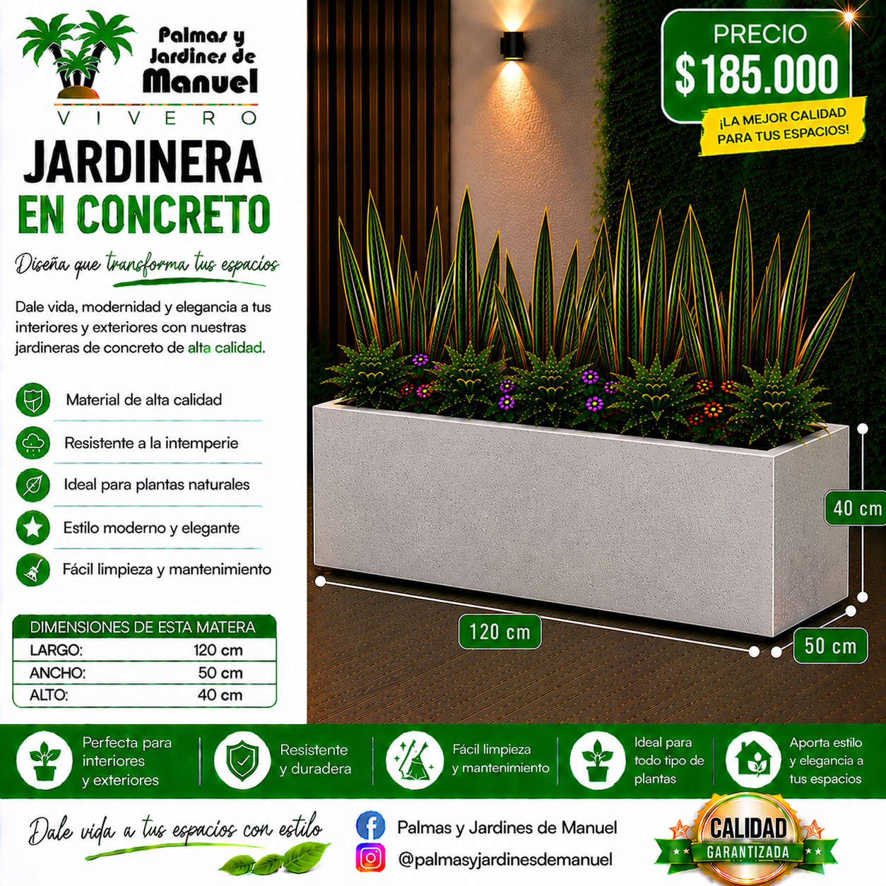 Jardinera en Concreto 120x50x40 cm