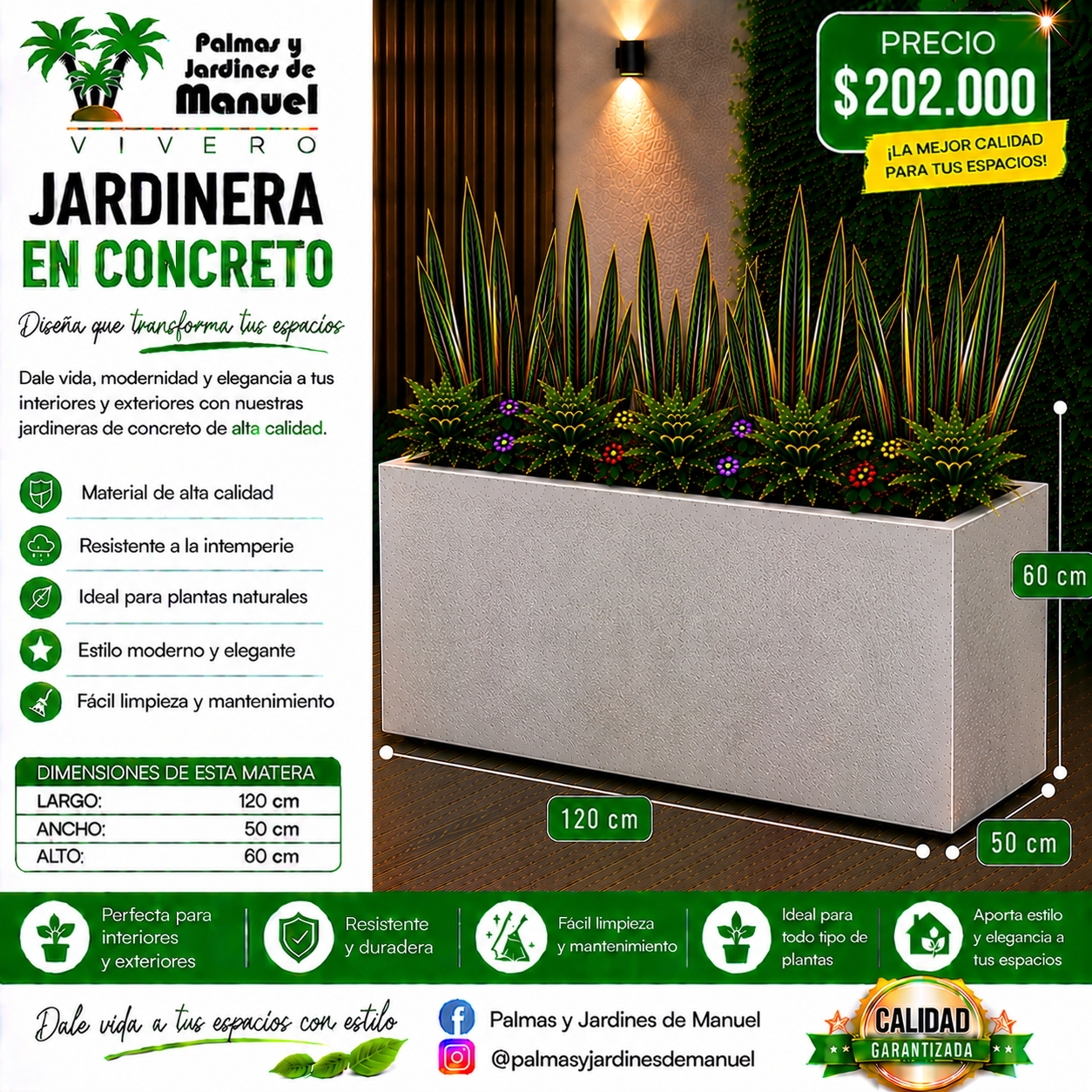 Jardinera en Concreto 120x50x60 cm