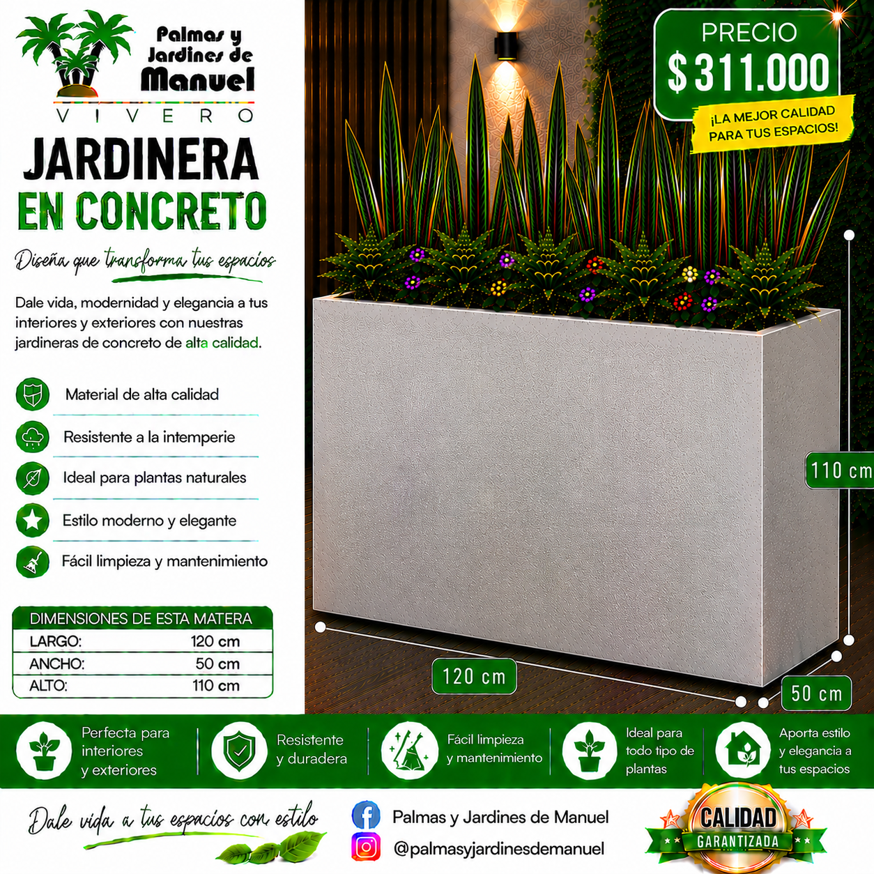 Jardinera en Concreto 120x50x110 cm