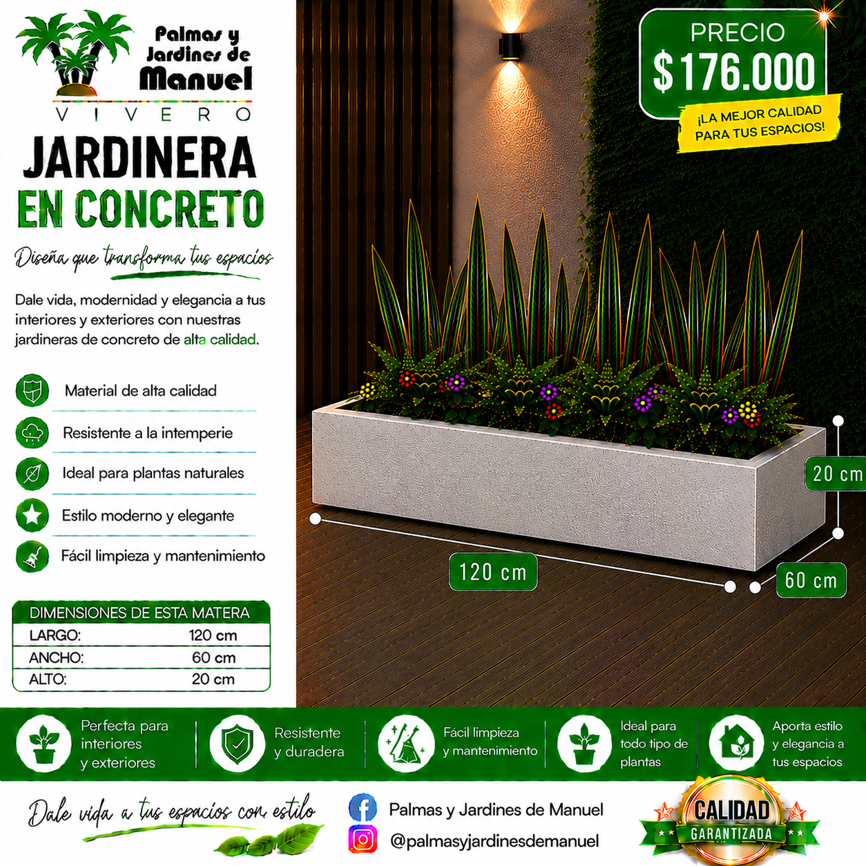 Jardinera en Concreto 120x60x20 cm