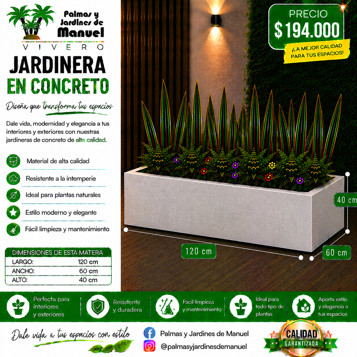 Jardinera en Concreto 120x60x40 cm