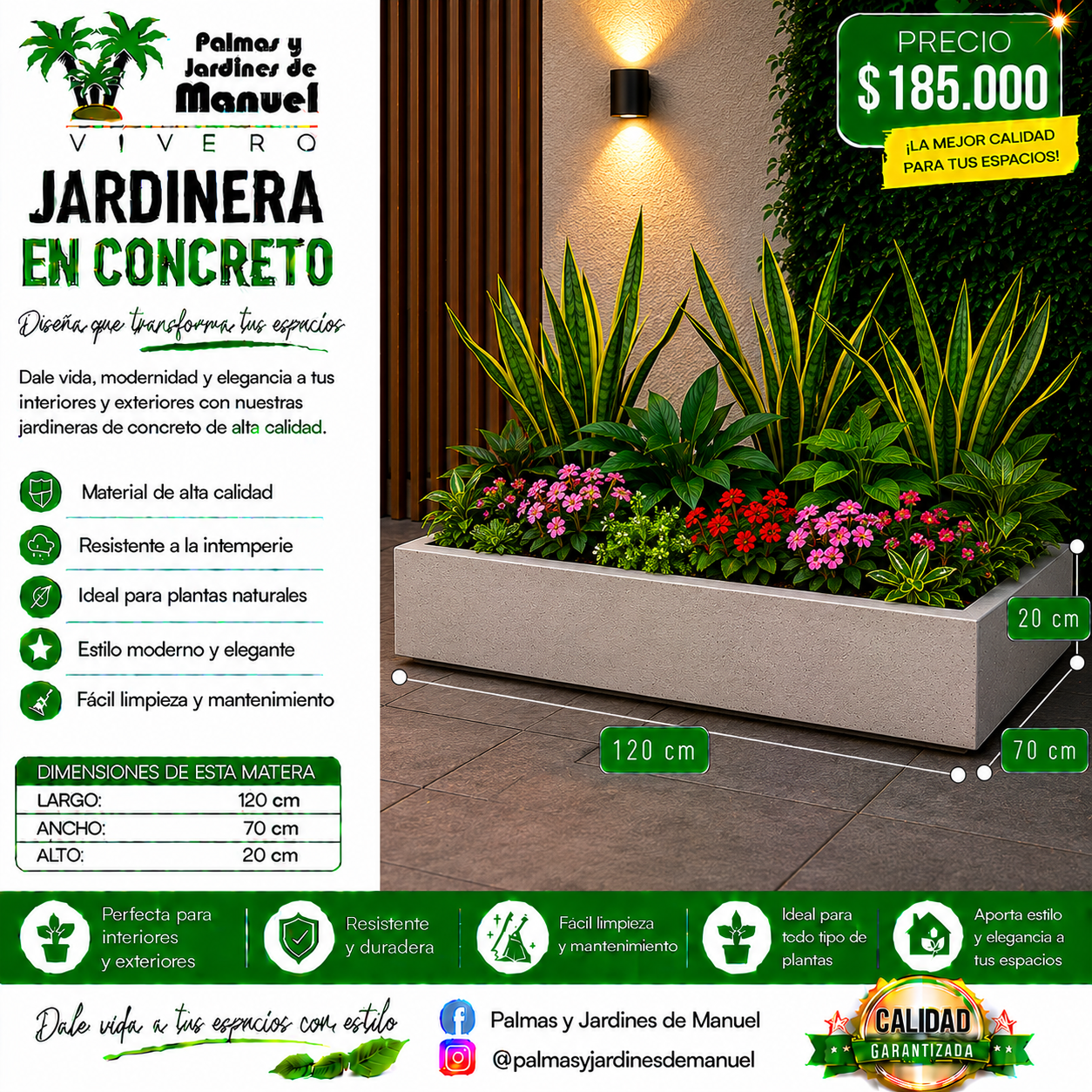 Jardinera en Concreto 120x70x20 cm