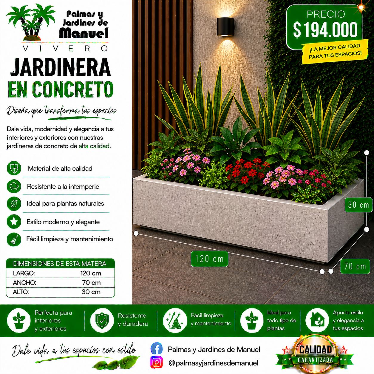 Jardinera en Concreto 120x70x30 cm