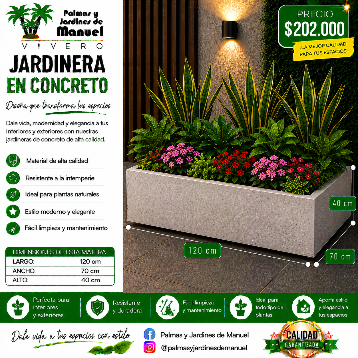 Jardinera en Concreto 120x70x40 cm