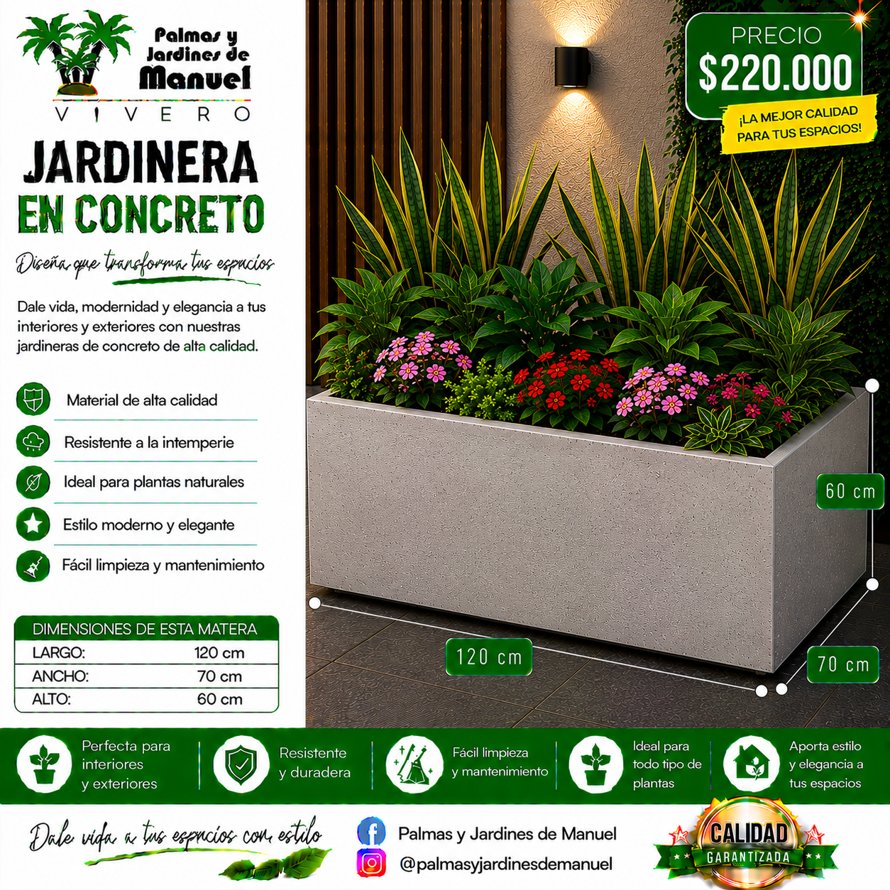 Jardinera en Concreto 120x70x60 cm