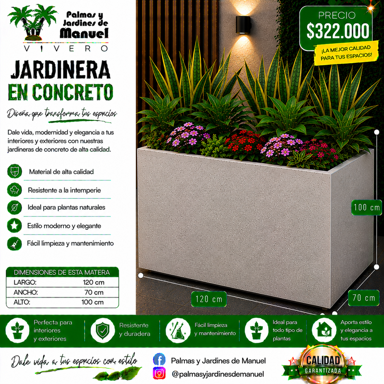 Jardinera en Concreto 120x70x100 cm