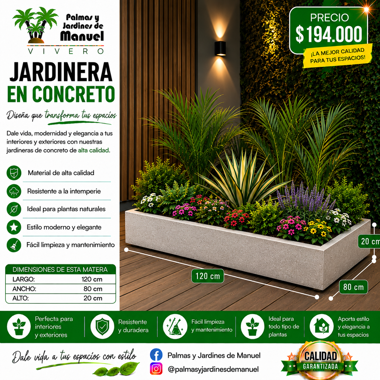 Jardinera en Concreto 120x80x20 cm