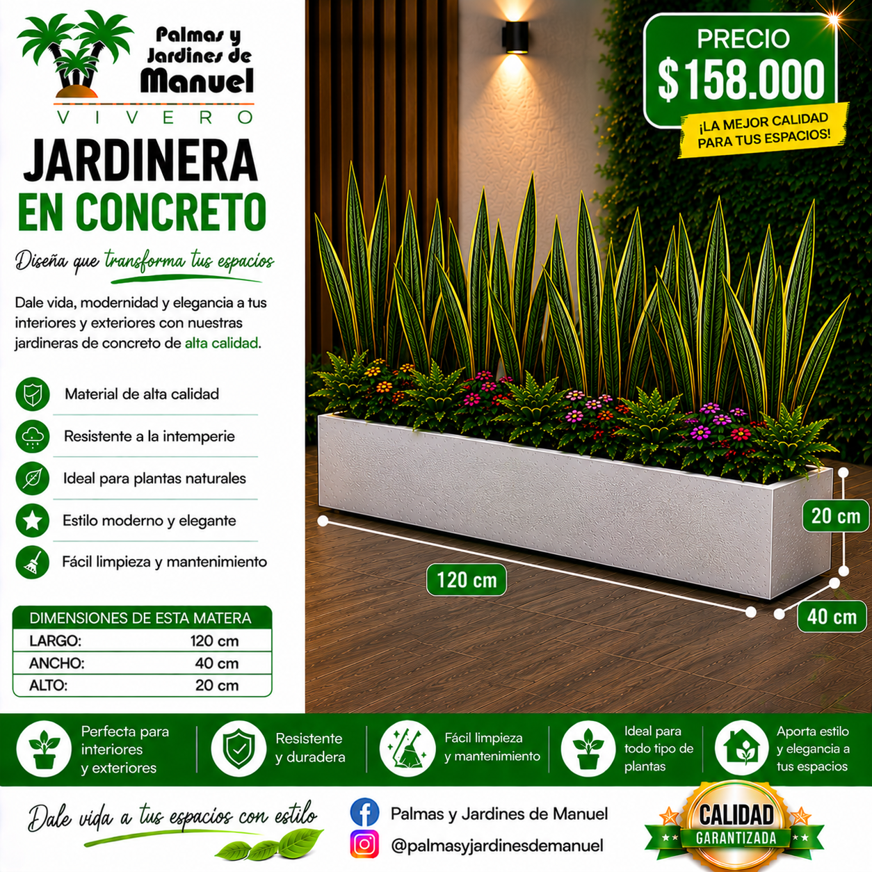 Jardinera en Concreto 120x40x20 cm