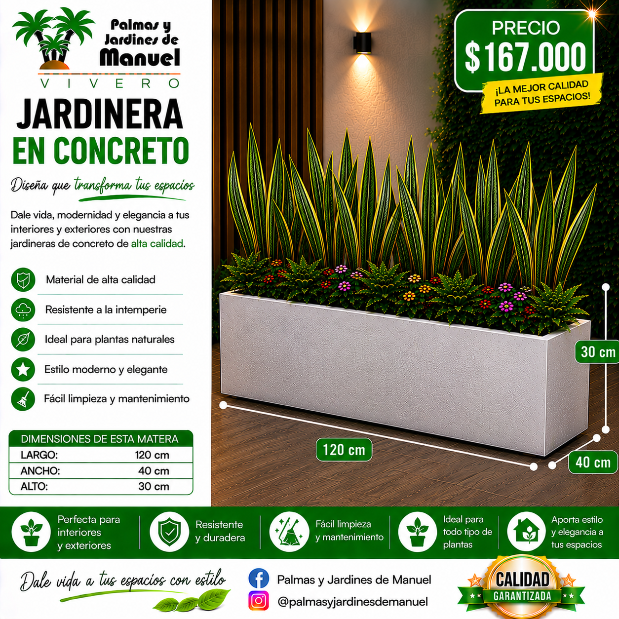 Jardinera en Concreto 120x40x30 cm