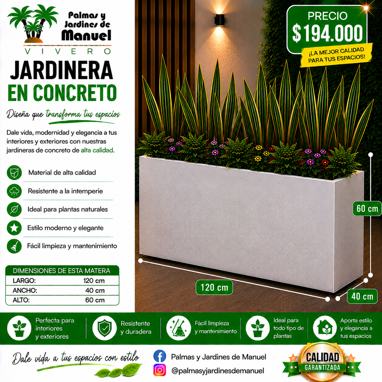 Jardinera en Concreto 120x40x60 cm
