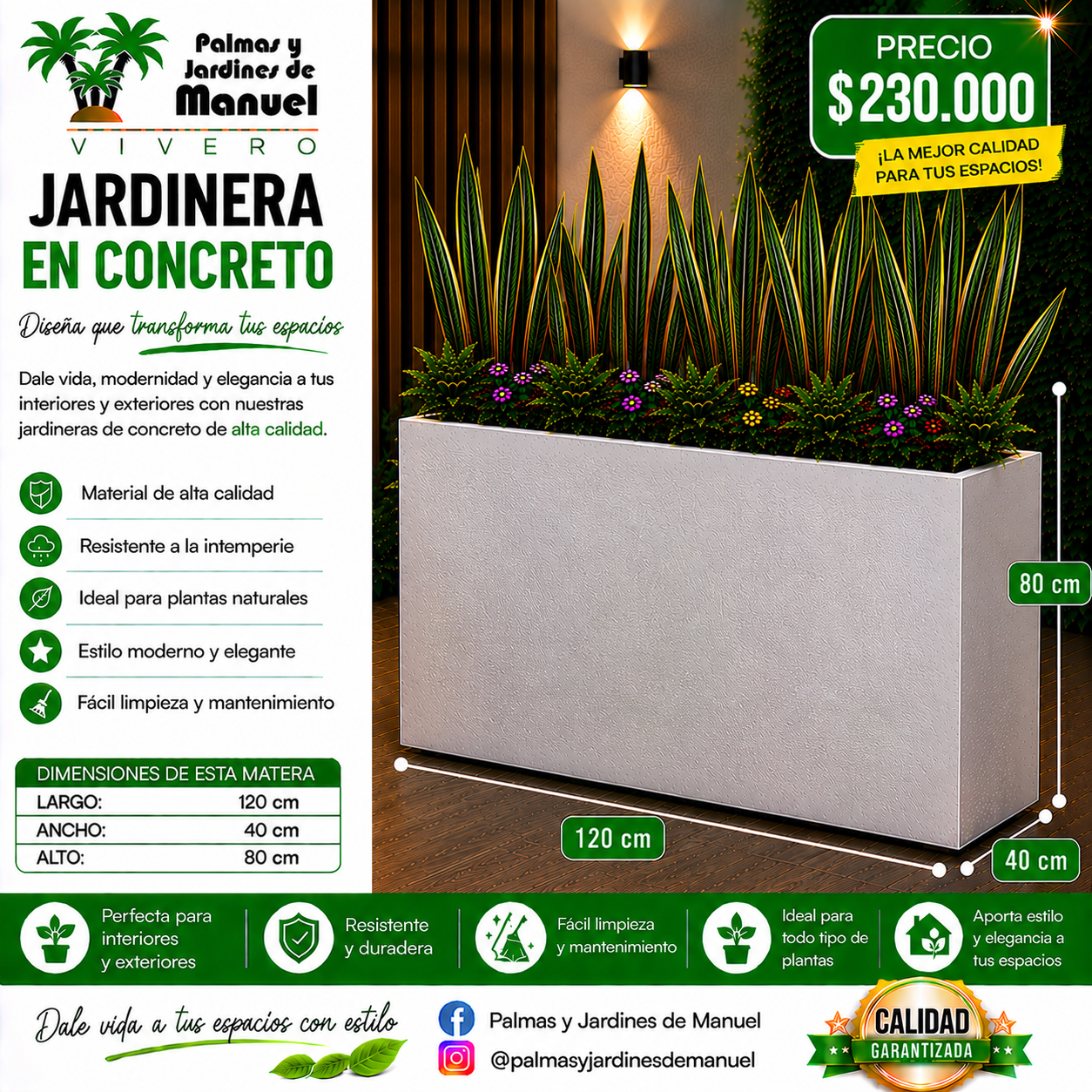 Jardinera en Concreto 120x40x80 cm