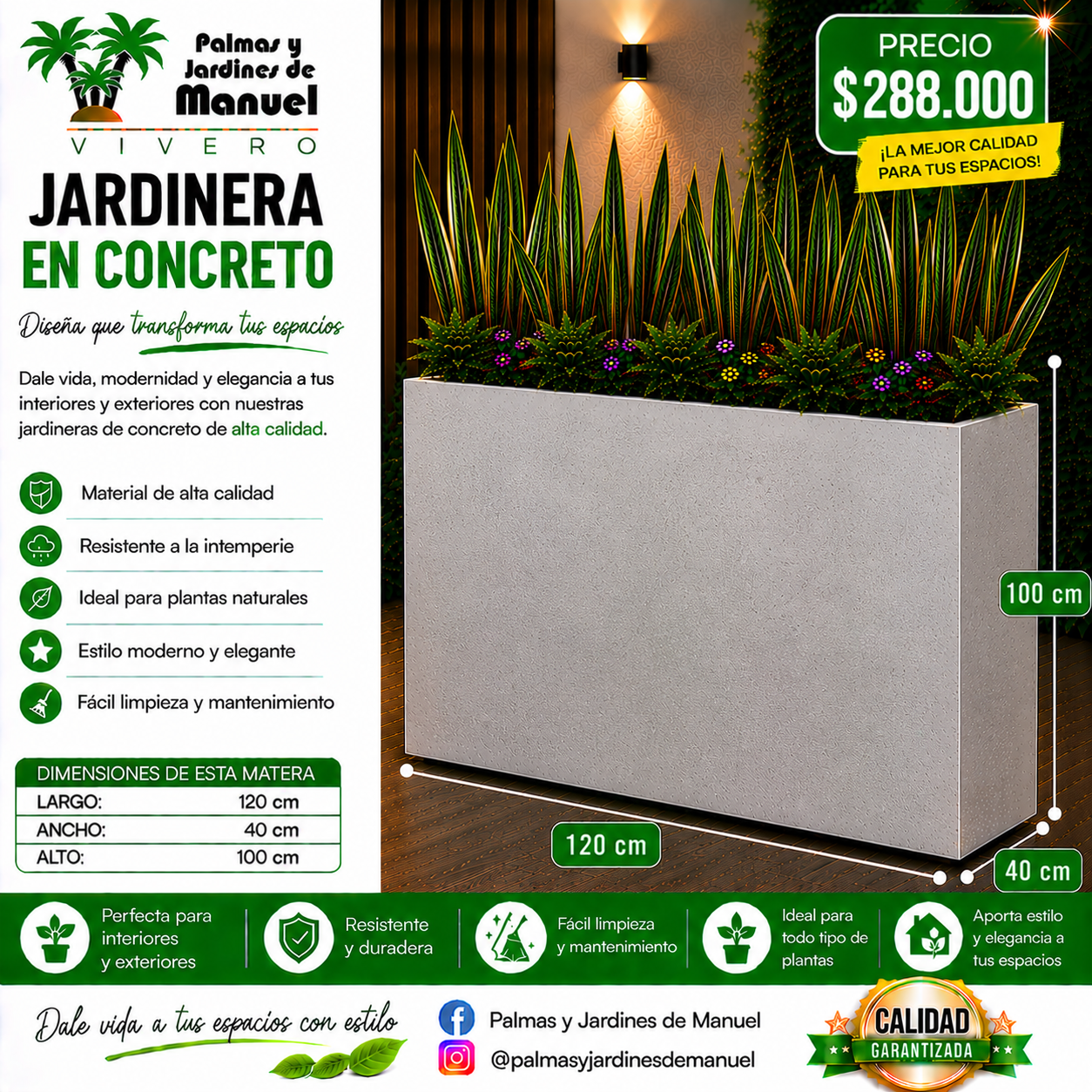 Jardinera en Concreto 120x40x100 cm