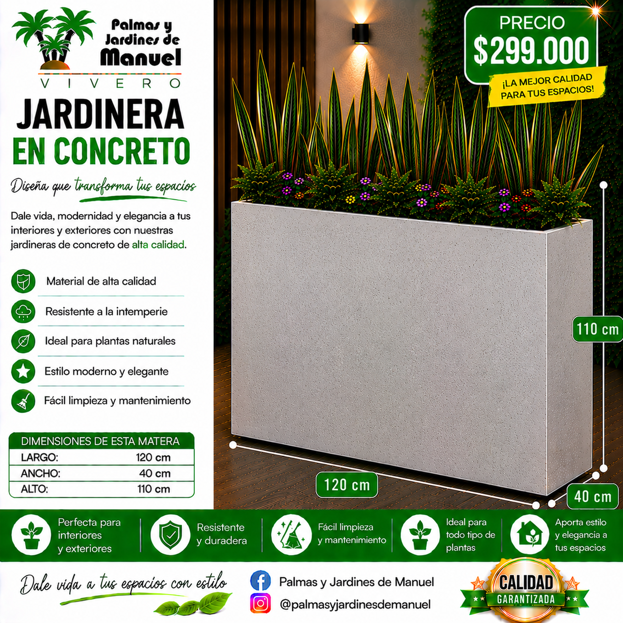 Jardinera en Concreto 120x40x110 cm