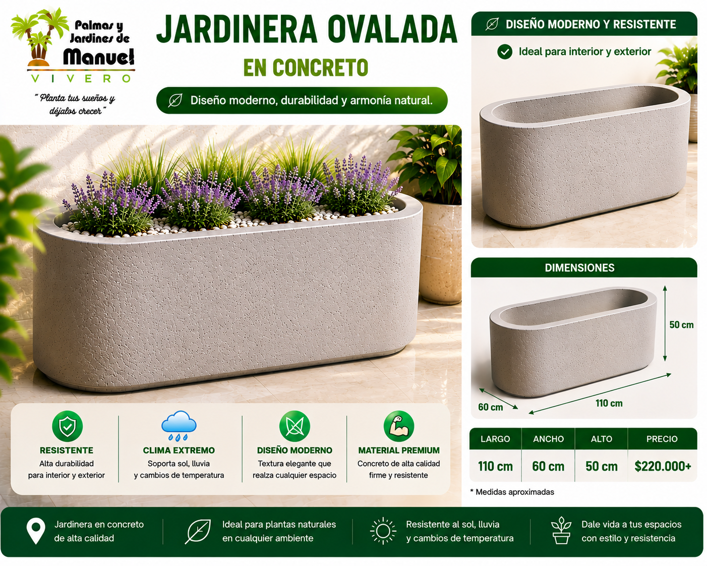 Jardinera Ovalada en Concreto 110x60x50 cm