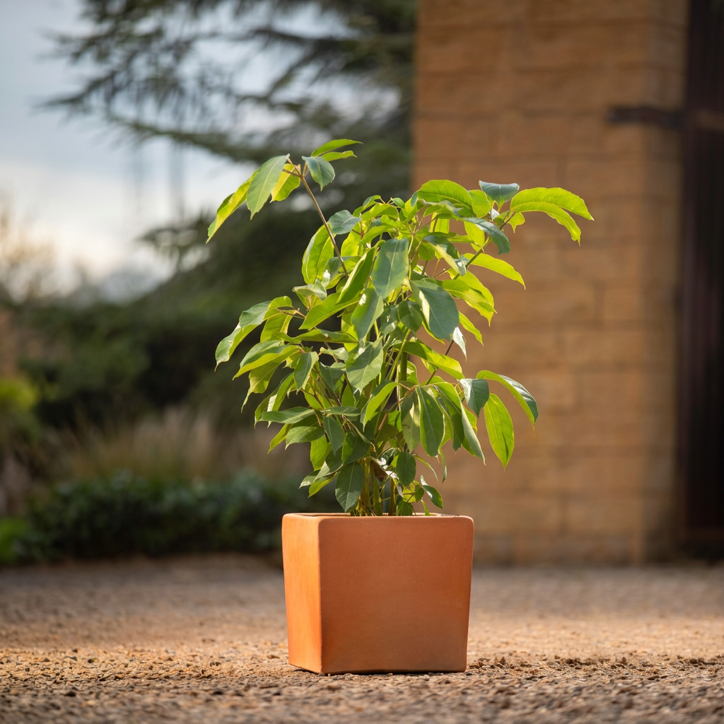 Cajón de barro cuadrado color terracota con planta verde en un jardín
